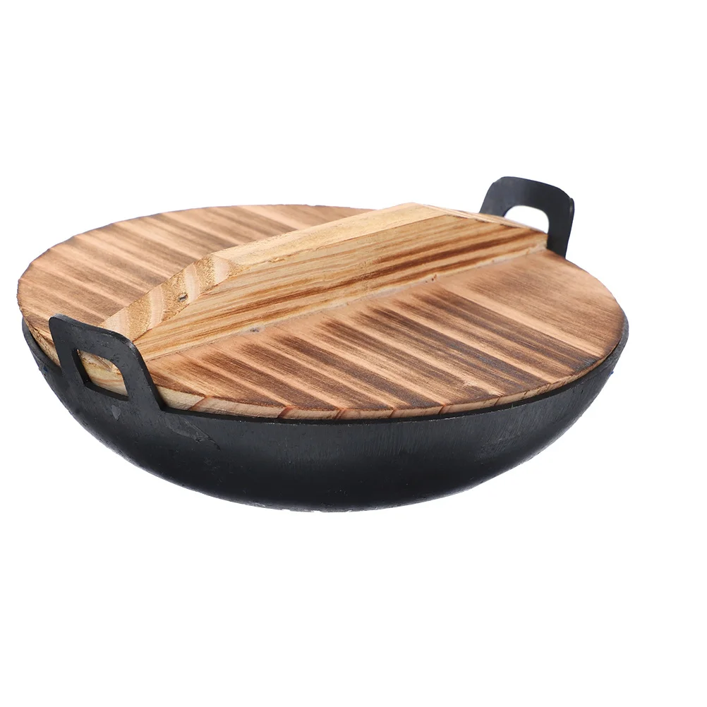 ミニ鉄製中華鍋 ダブルハンドル蓋付き ミニチュア調理鍋 ごっこ遊びキッチンアクセサリー シミュレーション調理ツール 子供用