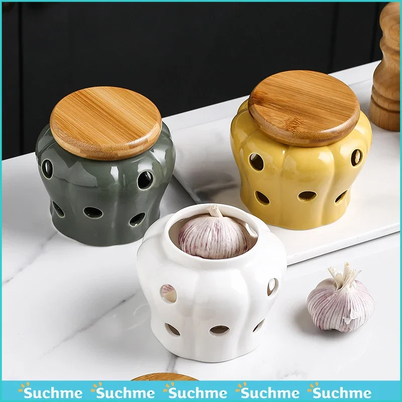 Ceramic Garlic Storage Jar Pumpkin shaped Spice Container with Lid Garlic Head Ginger Chili Pepper Storage Jars Candle Lampshade