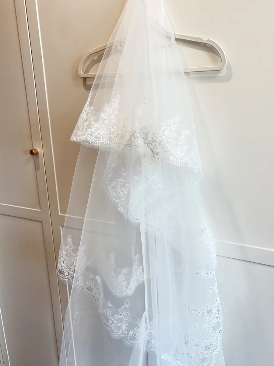 3M 오프 화이트 대성당 웨딩 베일 빗 웨딩 액세서리 화이트 베일 신부와 긴 레이스 가장자리 신부 베일