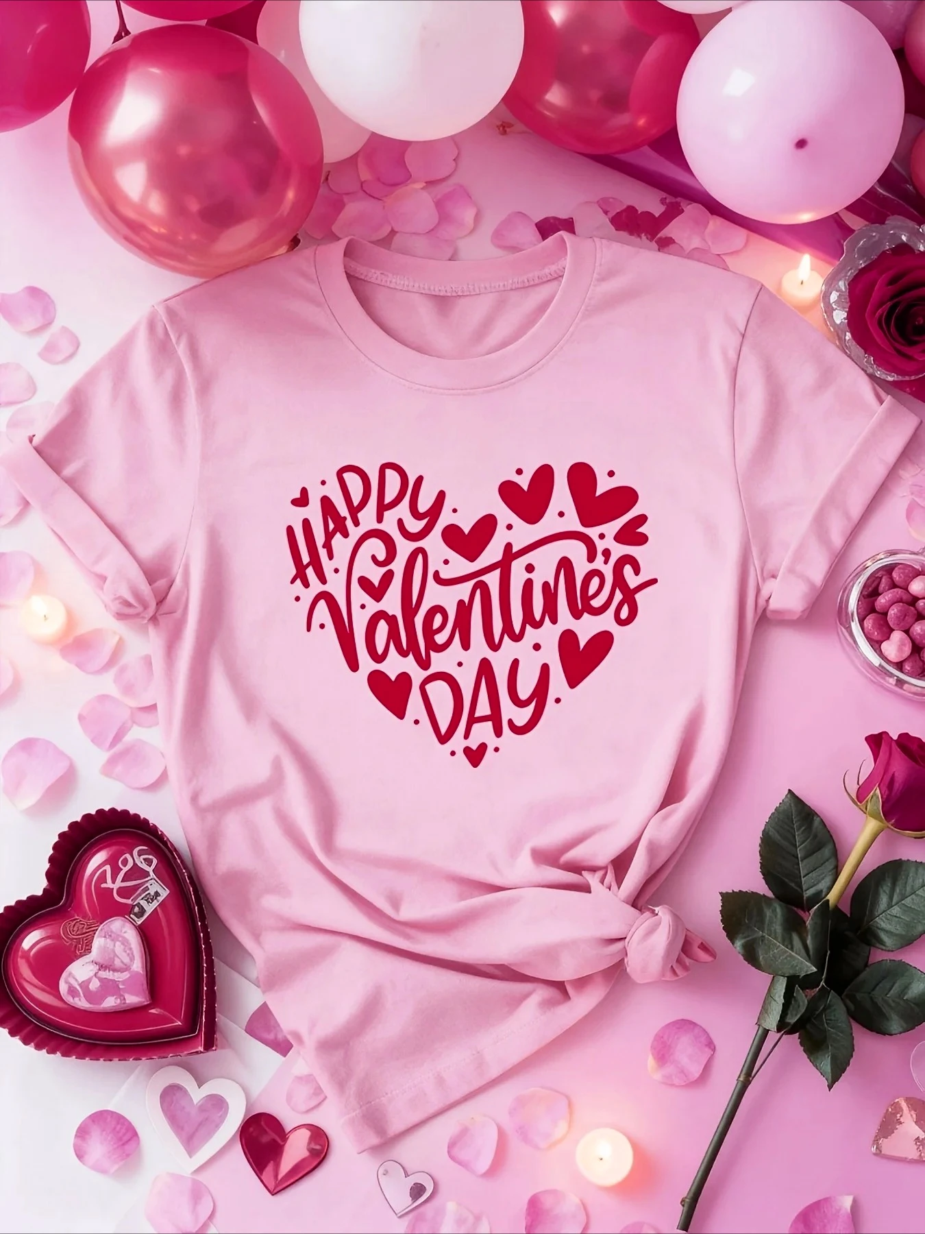 

New Valentine's Day Heart Letters Print T-Shirt Short Sleeve Crew Neck Top for Summer Spring Women'S Clothing Aesthetic Clothes
