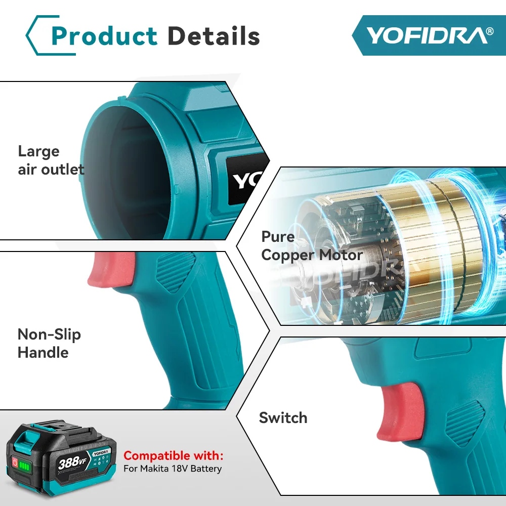 YOFIDRA 1200 واط 150 متر/الثانية التوجه العنيفة مروحة تربو اللاسلكي ستبليس سرعة منفاخ مروحة تربو ورقة منظف الغبار لبطارية ماكيتا دبوس