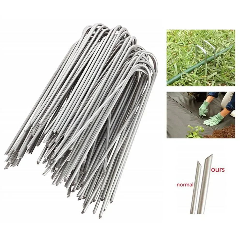 Sturdy Stainless Steel Garden Netting Pegs, 10 Pack U Shaped Nail Pins for Securing Artificial Grass and Fly Net