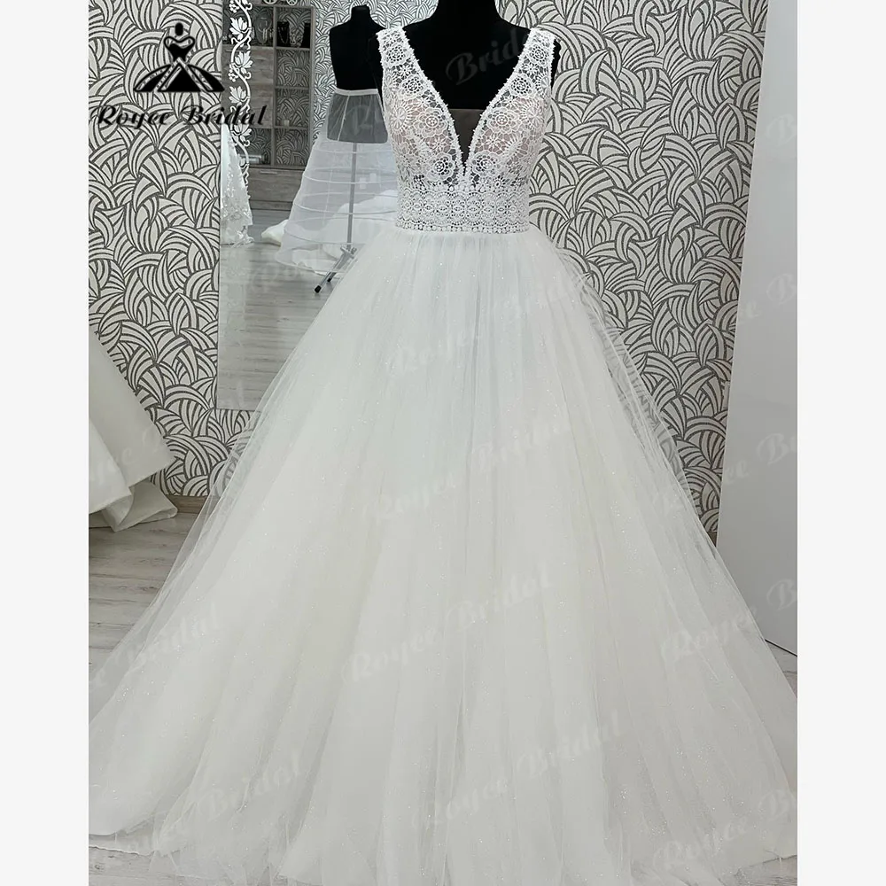 hochzeit Sleeveless V Neck Lace A Line Ball Gown Wedding Dress for Women 2024 Backless Bridal Gown vestidos de novia bohemio