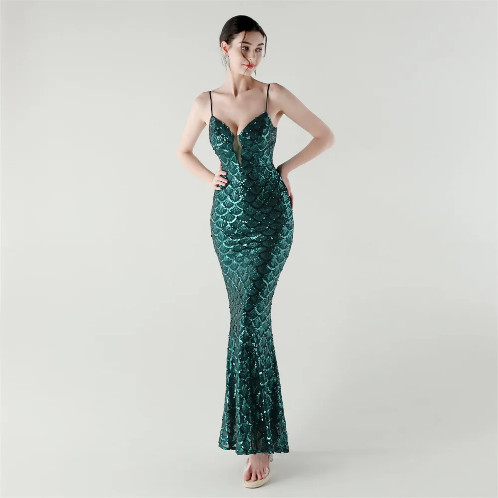 

2025 New Suspender Deep V Slim Fit Fish Scale Sequin Green Dress for Party Formal Banquet Evening Dress