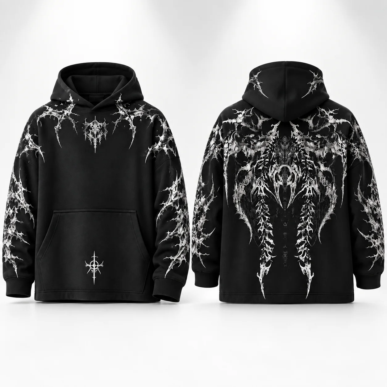 2026 Men's Oversized Polyester Pullover Hoodie,Gothic Y2K Death‑Metal Demon Skull Thorn Dark Punk Streetwear Men's Hoodie