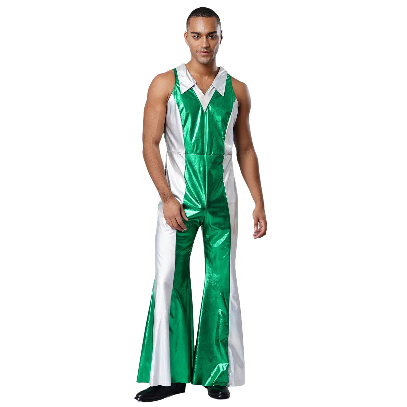 

Mens 70s 80s Disco Prom Dance Jumpsuit Outfit Sleeveless Metallic Shiny Flared Long Pants Rompers for Halloween Astronaut Outfit