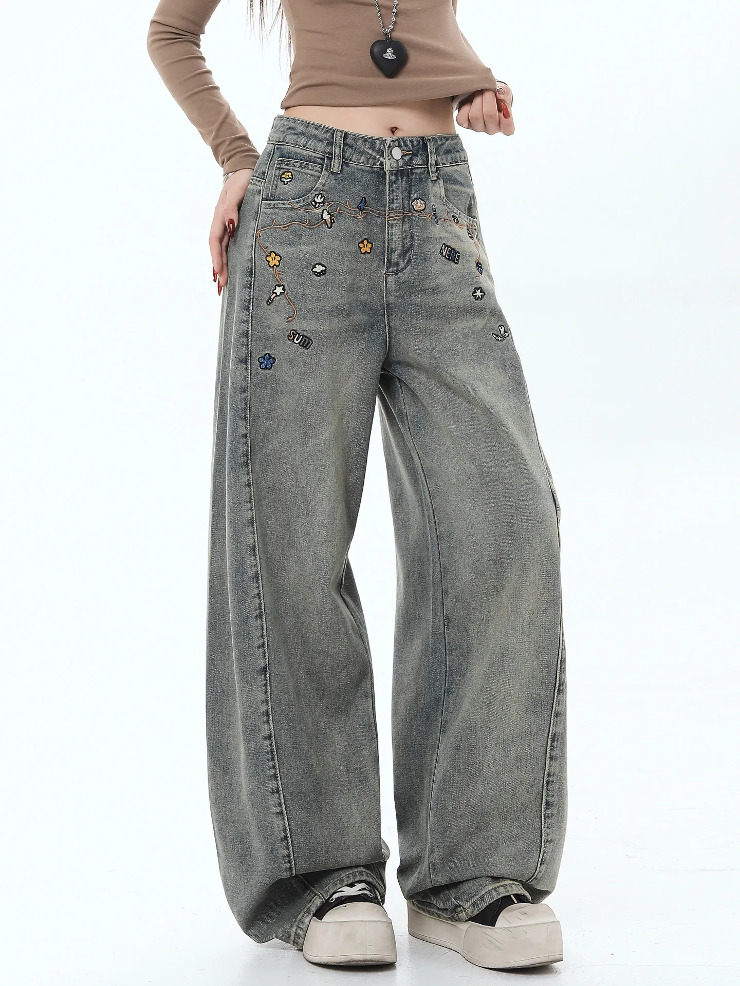 

Waed Denim Wide Leg Pants Women's Spring College Sle Loose Straight Cut Versatile Slimming Jeans Design Sense Embroidery