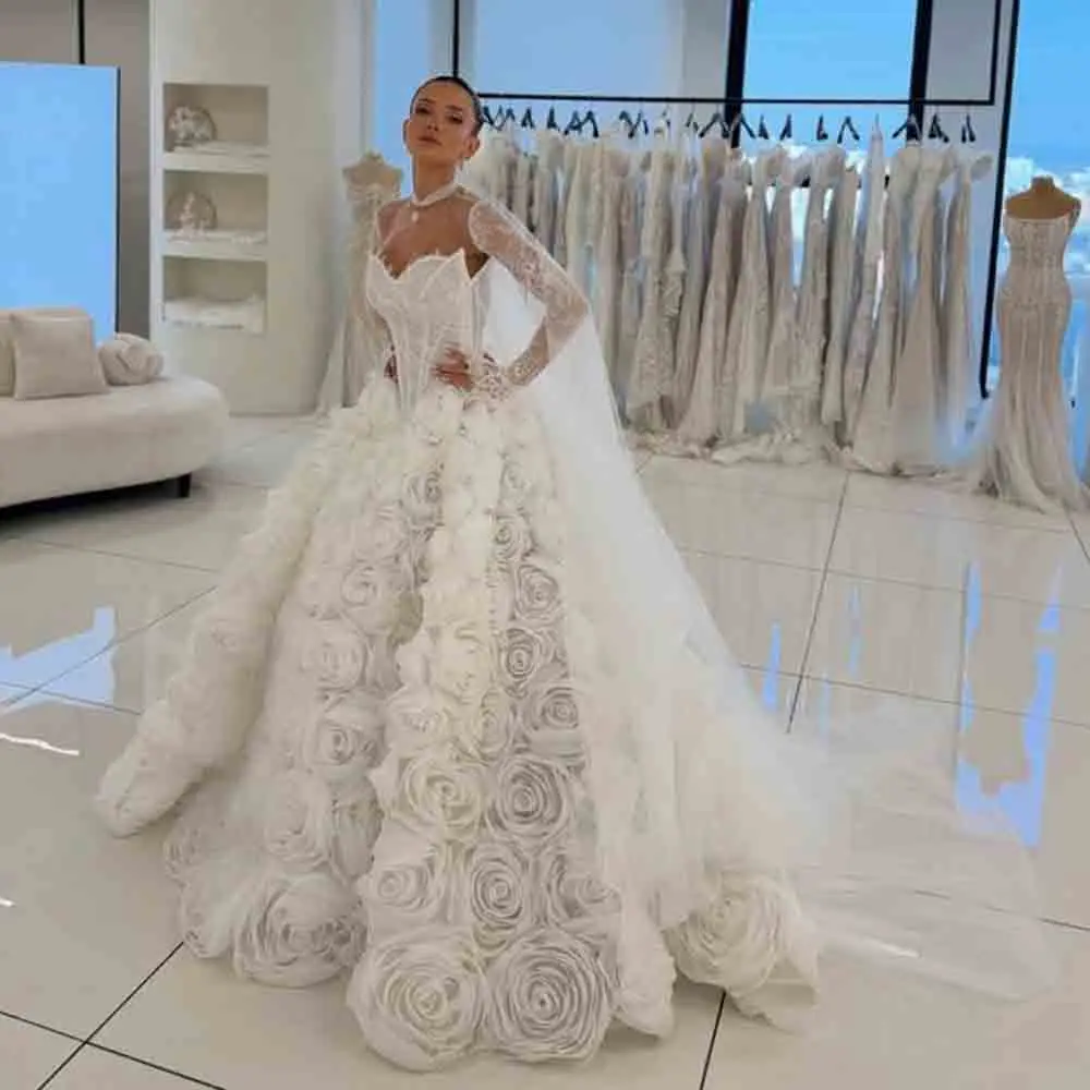 Customized Exquisite 3D Flower Wedding Dress with Jacket 3 Pieces Set Bridal Gown Sweetheart Lace Sleeve Ball Gown vestidos de