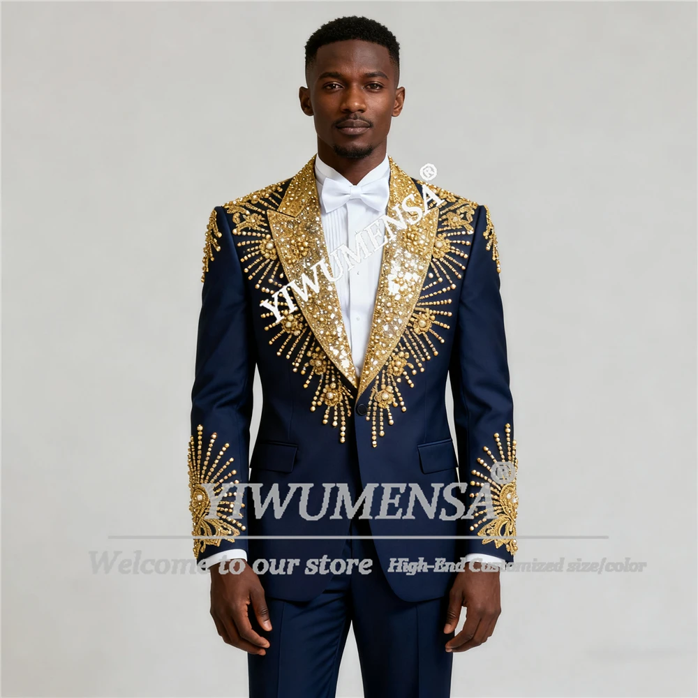 

Мужские костюмы с блестящими кристаллами и бисером на свадьбу, золотые блестки, пиджаки для жениха, костюм из 2 предметов, мужские смокинги по индивидуальному заказу