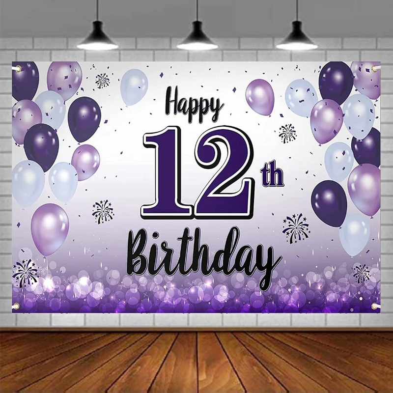 Photography Backdrop Purple Balloon Banner - Cheers To Twelve Years Old 12th Birthday Background Poster Photoprop Decorations