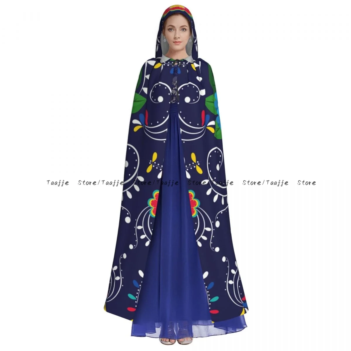 Witch Long Hooded Robe Skull Flowers Mexican Illustration Halloween Cloak Cosplay Costumes for Adult