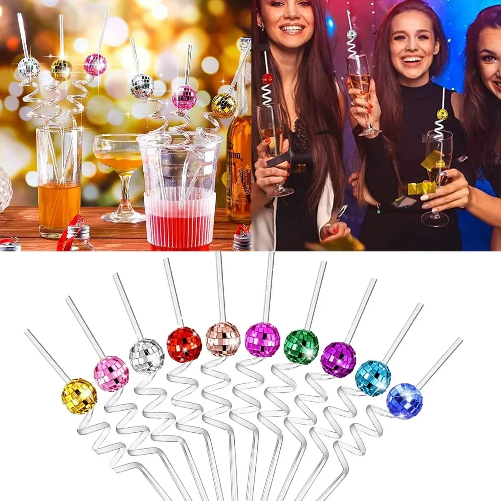 Multicolor Disco Mirror Ball Straw PVC Spiral Bend Shiny Mirror Ball Straw Party Supplies Reusable Party Decoration Straws