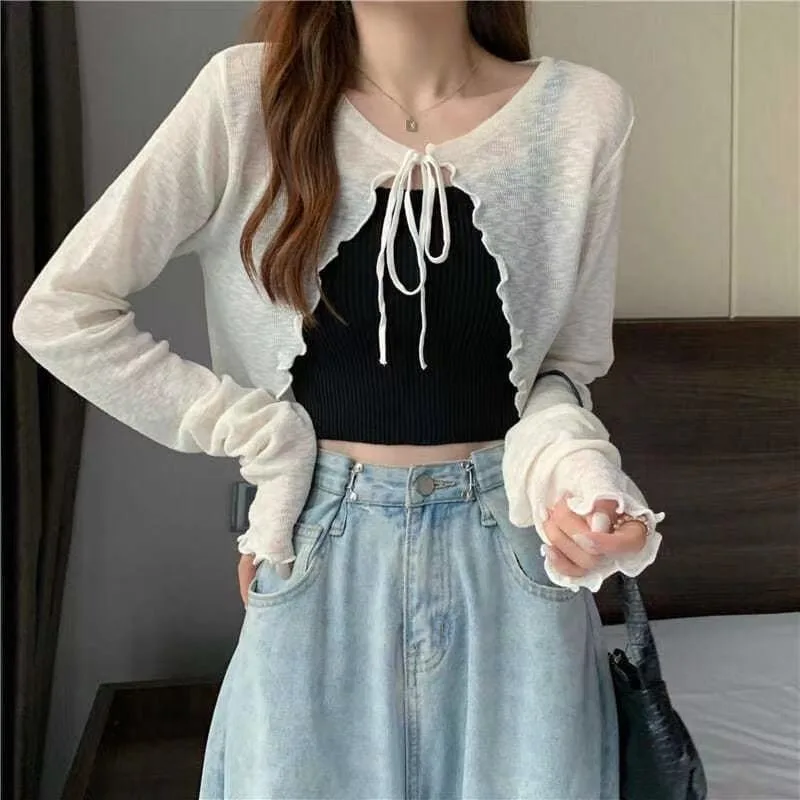 Crop Cardigan Knitted Solid Drawstring V-neck Summer OL Sweet Edible Tree Fungus Sun-proof Long Sleeve Tops Korean Trendy Casual