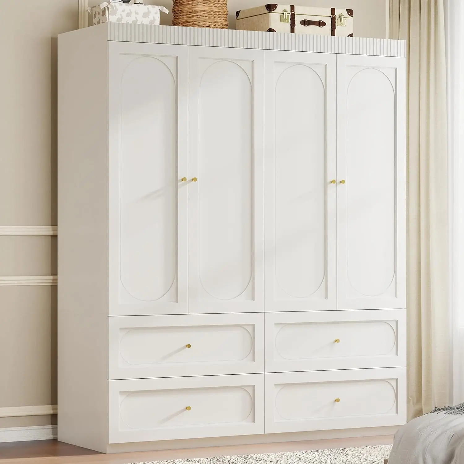 

White Armoire Wardrobe Closet: 74" Large Wardrobe Closet With 4 Drawers, 4 Door Armoire Wardrobes For Hanging, Customized