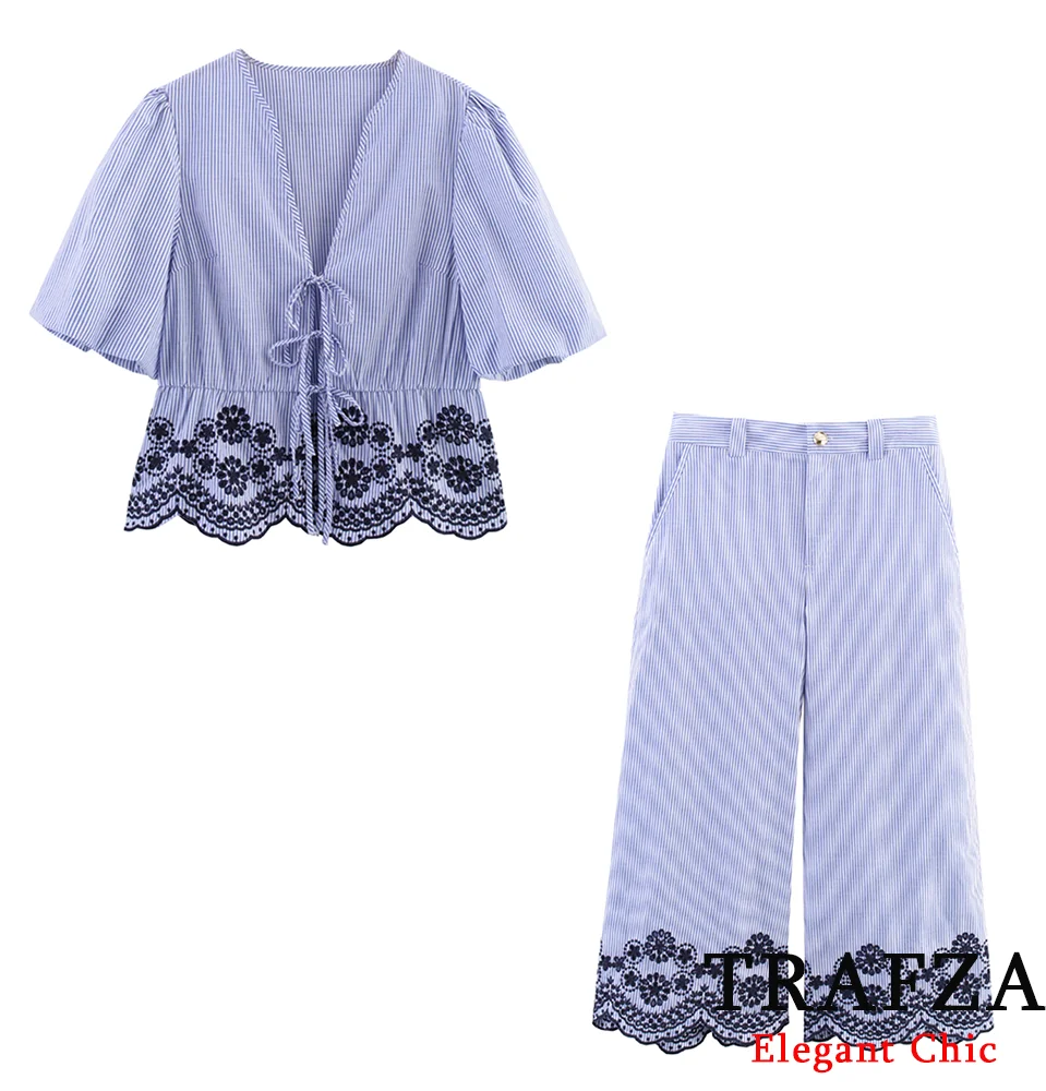 

TRAFZA-Women Casual Embroidery Pant Set Stripe V-Neck Lace-up Top Wide-Leg Pant New 2025 Summer Holiday Elegant Pant Set