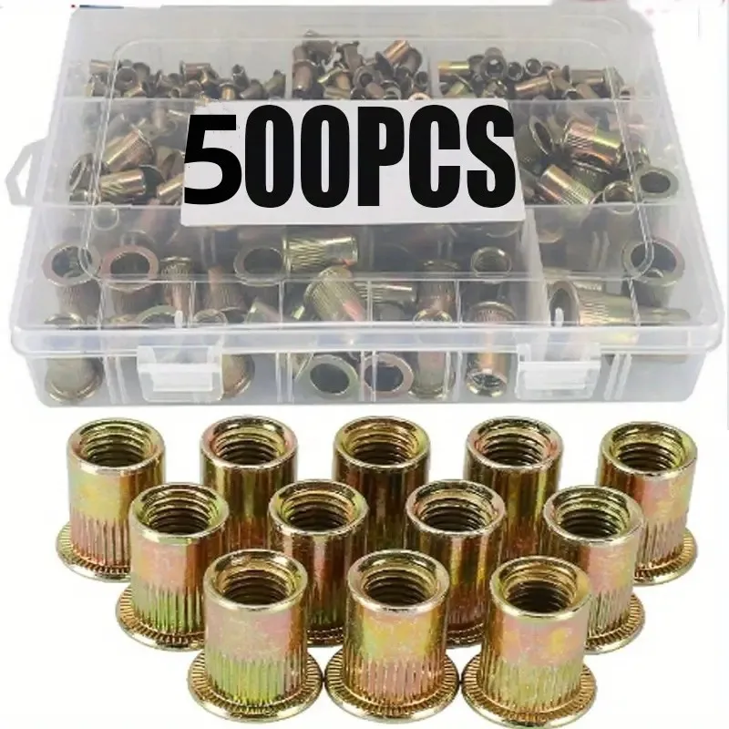 

500 шт. заклепок-гайок из углеродистой стали (характеристики включают размеры M3, M4, M5, M6, M8, M10)