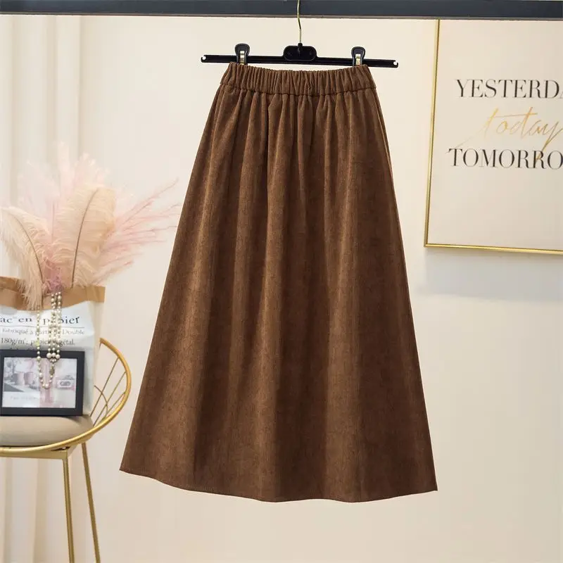 Korean Fashion Autumn/Winter Women\'s Solid Corduroy Elastic High Waist Solid Bow Pleated Vintage Casual Mid-length A-line Skirts