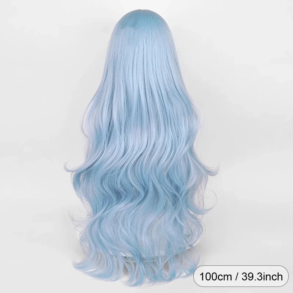 Long Wavy Synthetic Blue Women Wig with Bangs Fluffy Anime Game Cosplay Heat Resistant Wig for Daily Party