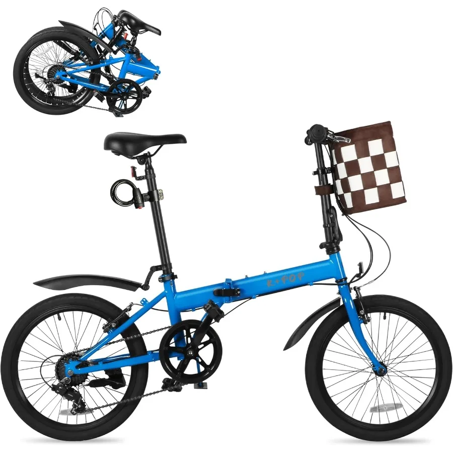 

20 Inch Folding Bike for Adults 7 Speed Foldable Bike with Basket Lightweight Folding Bicycle with Adjustable Seat Front and Re
