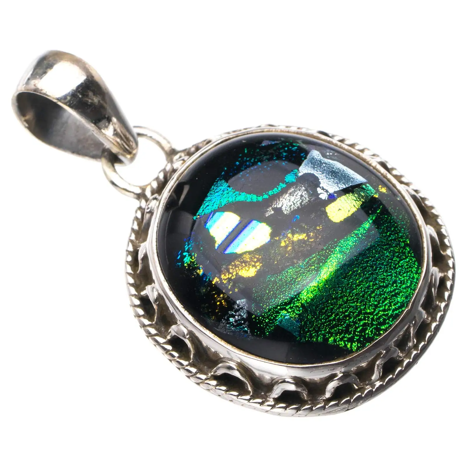 StarGems® Natural Rainbow Dichroic Glass Handmade 925 Sterling Silver Pendant 1.5