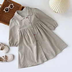 Kids Dresses for Girls Solid Color Minimalist Shirt Dresses 100% Cotton Pleated Single Breasted Khaki Color Dress Kids Clothes