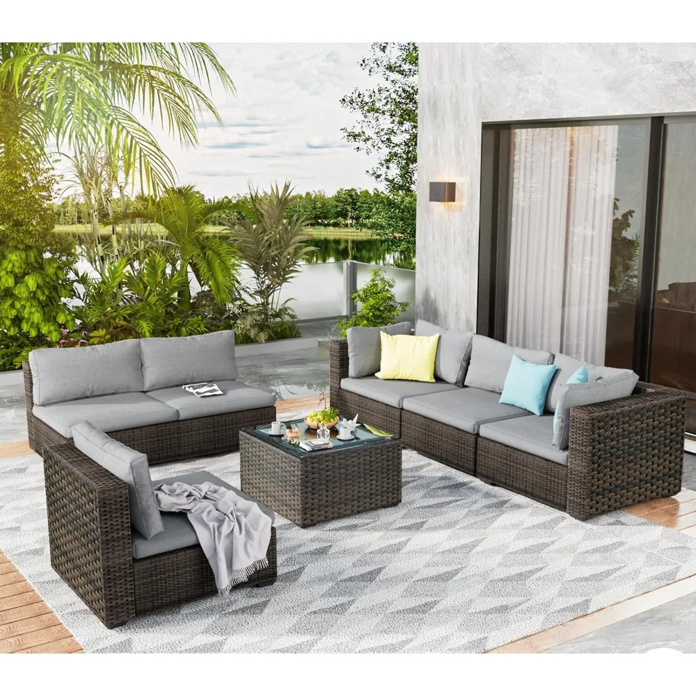 

7 Pieces Outdoor Patio Furniture Set Wicker Sectional Sofa with Cushions & Tea Table Patio Rattan Conversation Chair Sofa Set