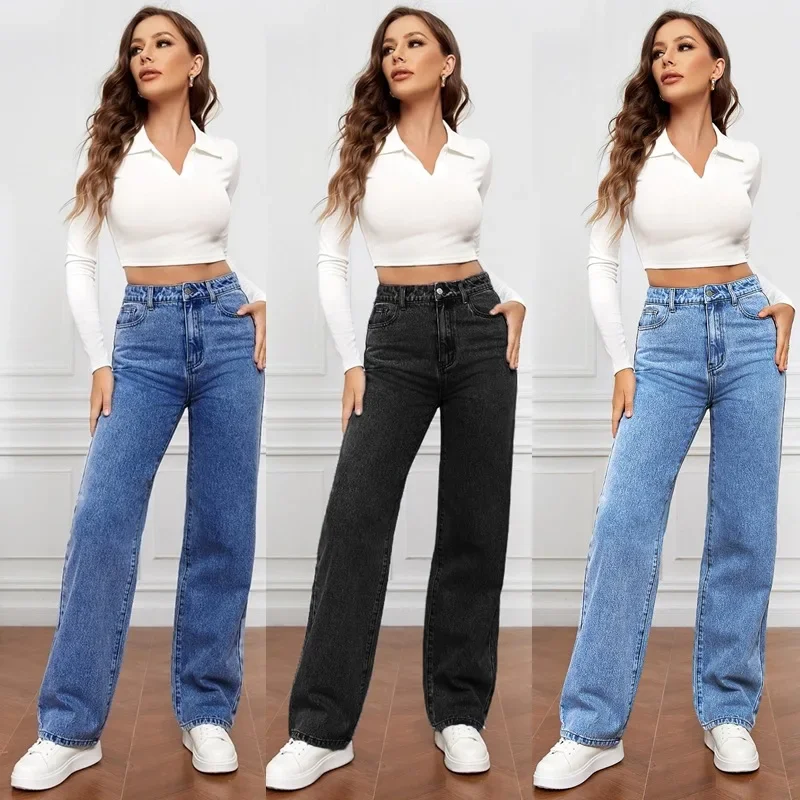 Jean Droit en Denim pour Femme, Pantalon Classique et Élégant, Long, Taille Moyenne, Décontracté, Jambes Larges, Automne