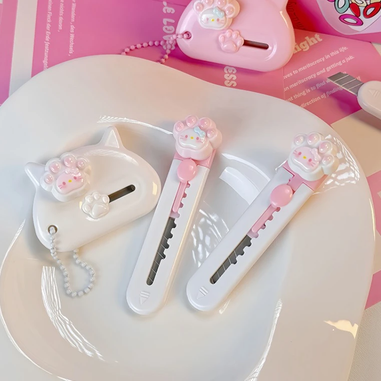 Cute Cat Paw Craft Knife Mini Safety Cutter for Envelopes Portable Student Paper Trimmer with Blade Guard Box Opening Tool