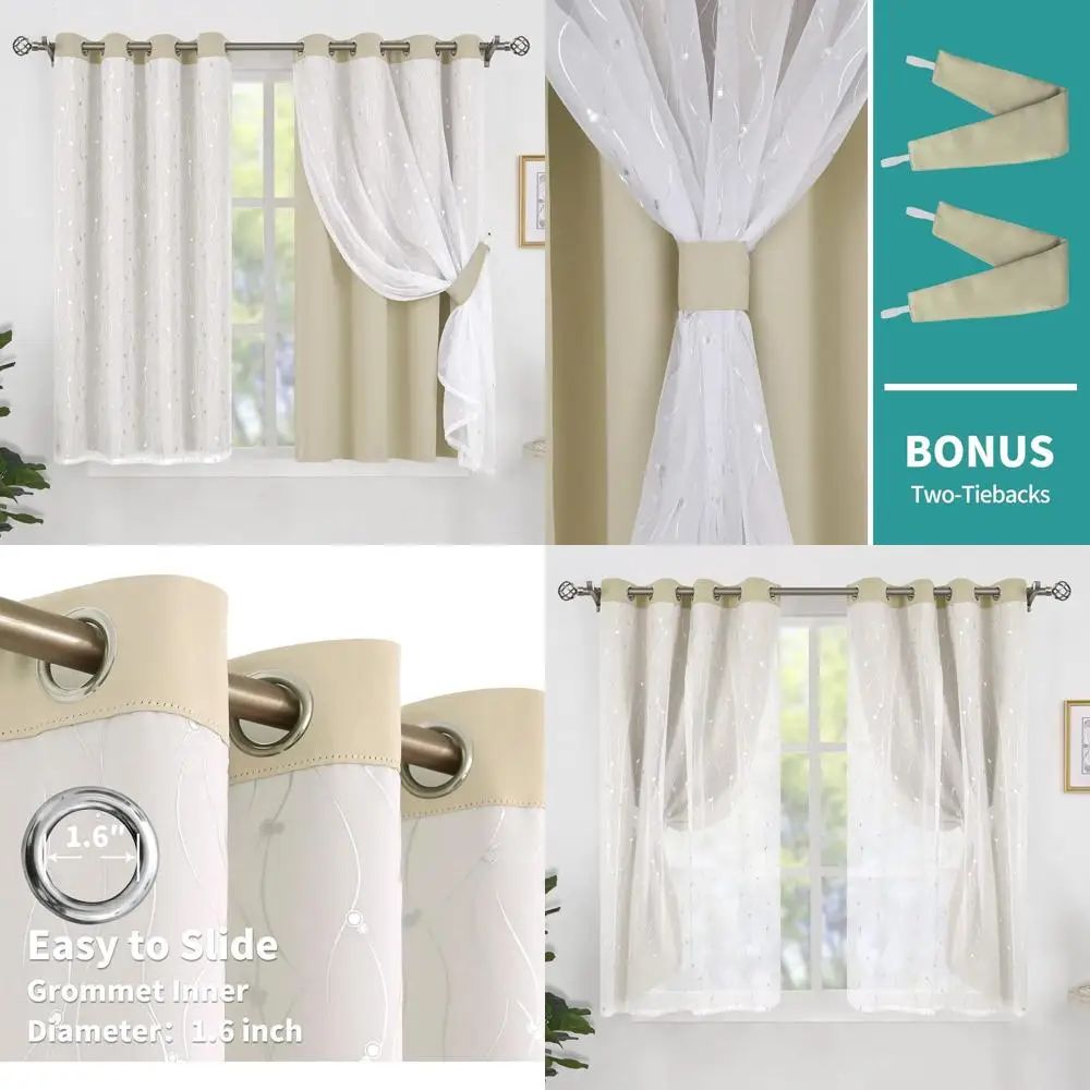 

Бежевые двухслойные утепленные шторы с прозрачной накладкой, 52x63 дюйма, для гостиной и спальни