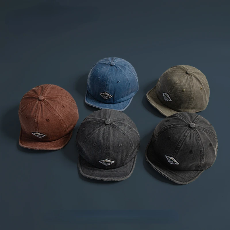 Short-Brimmed Hat Men\'s Washed Denim Soft Brim Peaked Cap Women\'s Style Distressed Patch Big Head Circumference Baseball Cap