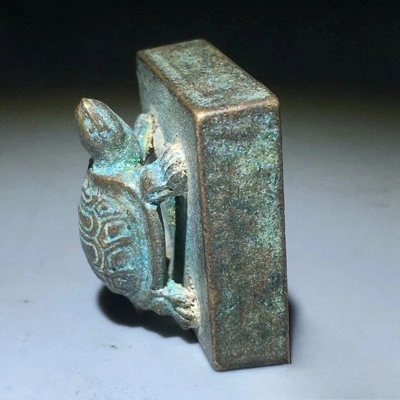 Antique Bronze Longevity Turtle Seal with Western Xia Script, Mini Desktop Craft Ornament for Home & Office Decoration