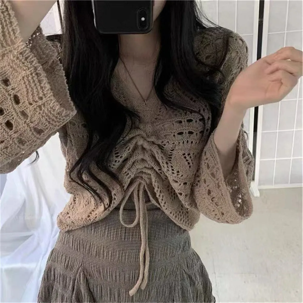 2024 Korean Fashion Cropped Lace-up Design Pure Hollow Out Knitwear All-match Simple Tops Sweaters Women Spring College