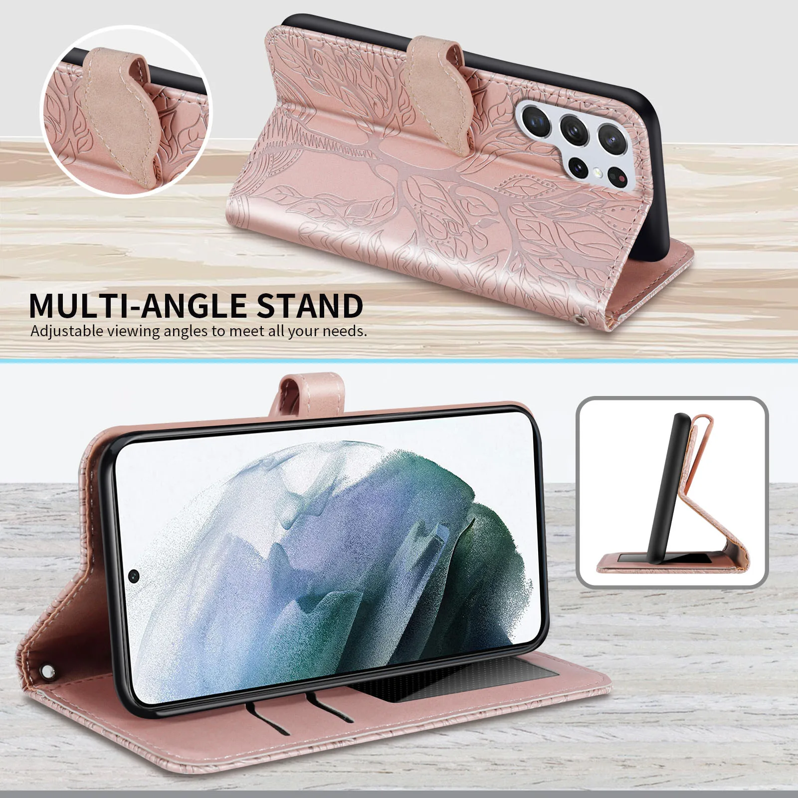 Für Samsung Galaxy S23 Ultra Fall, Baum des Lebens Ledertasche mit Kartens chlitz, Clam shell Ledertasche