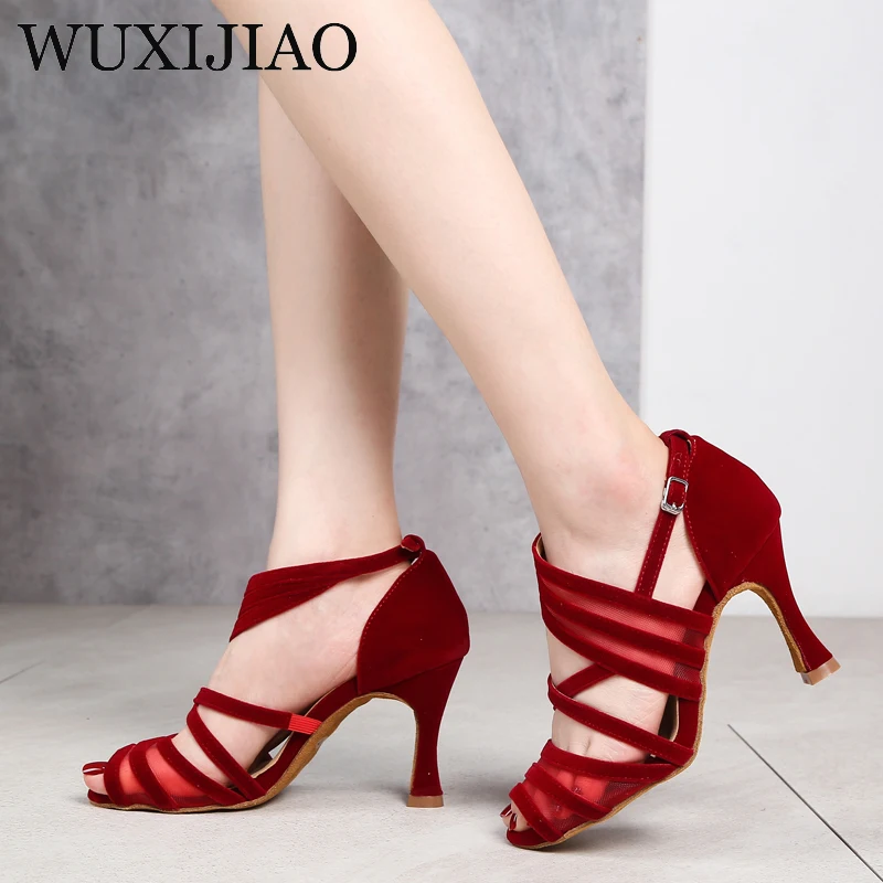 WUXIJIAO-zapatos de baile latino de ante para niña, sandalias rojas para baile de tango y salsa, calzado deportivo para interiores