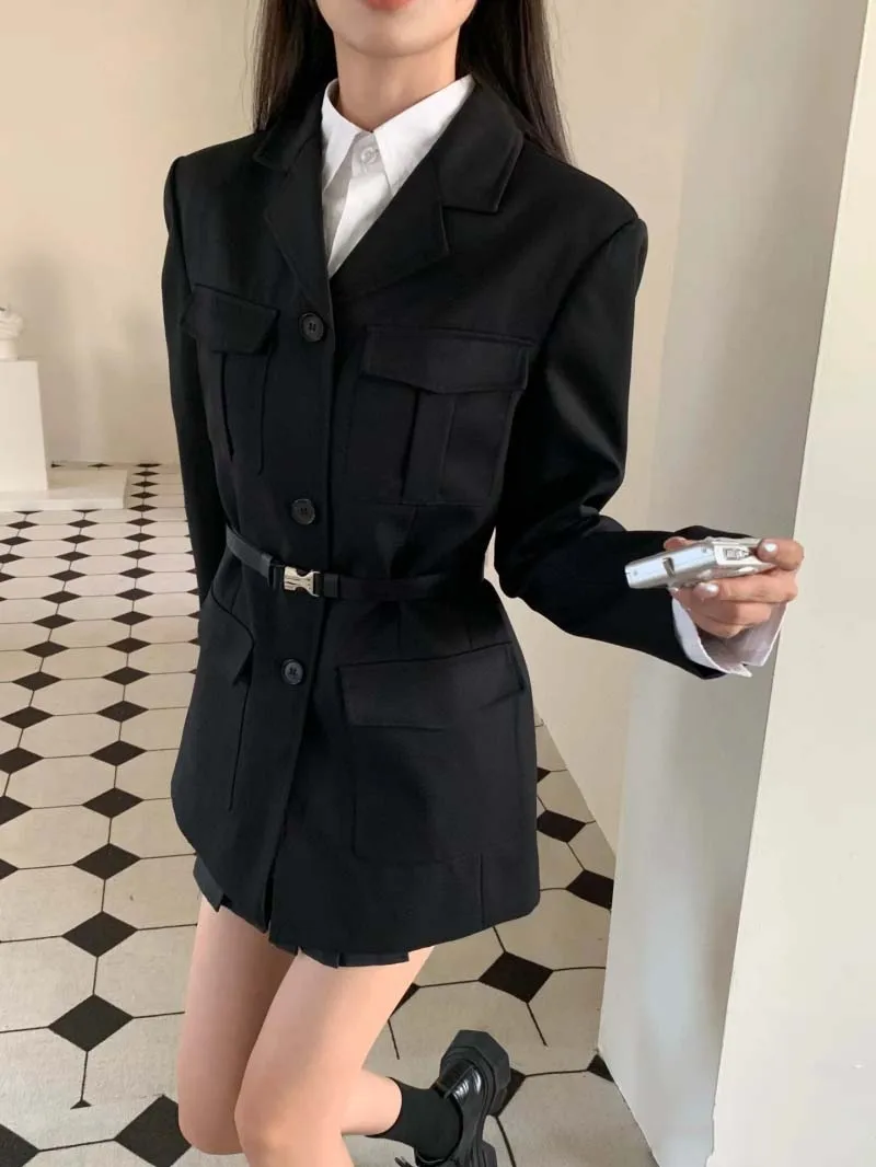 Korean women's jacket, fashionable British style, handsome and versatile workwear, large pocket belt, waist cinching suit