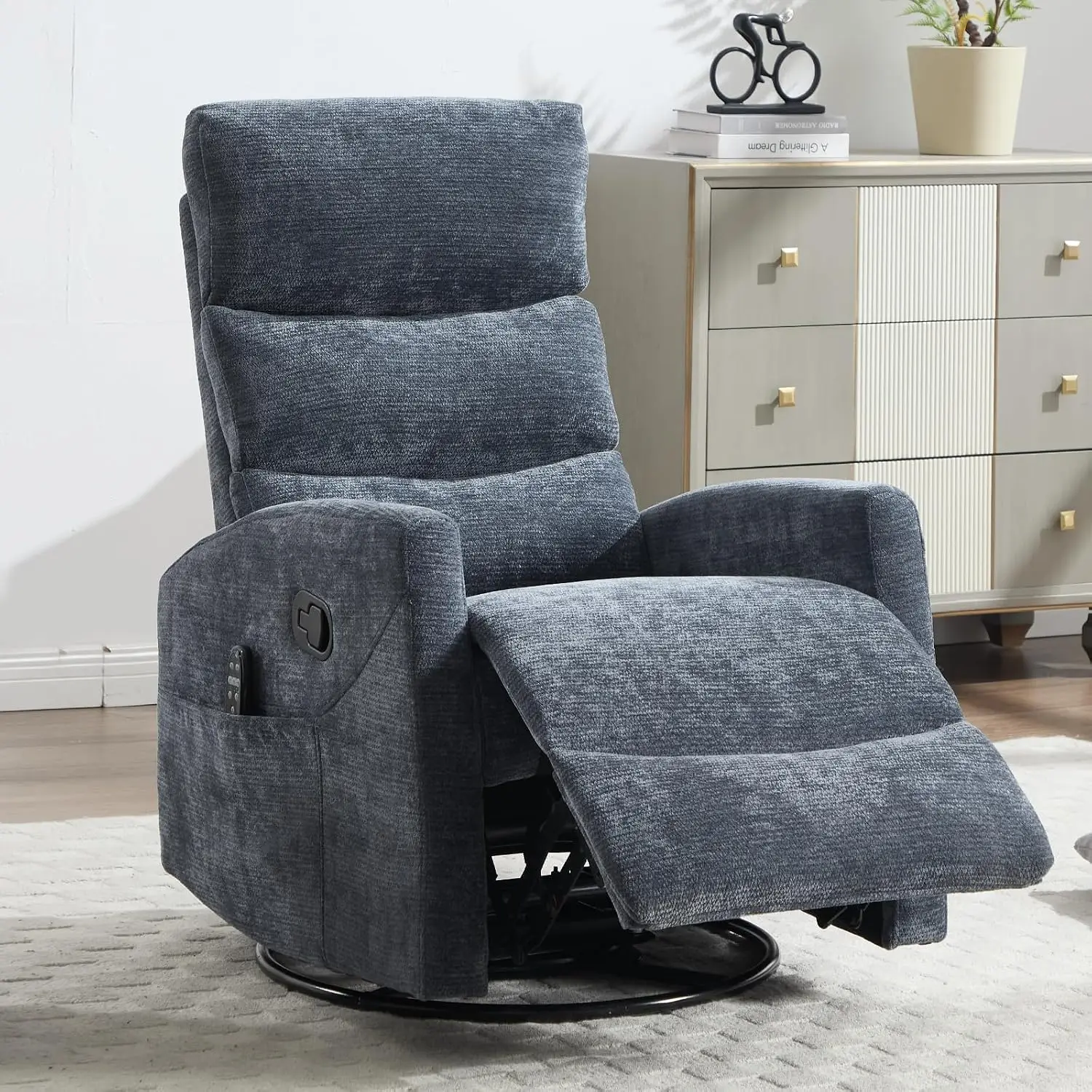 Swivel Rocker Recliner Chair with Heat & Massage, 360° Upholstered Nursery Glider with Side Pockets, Blue, Customized