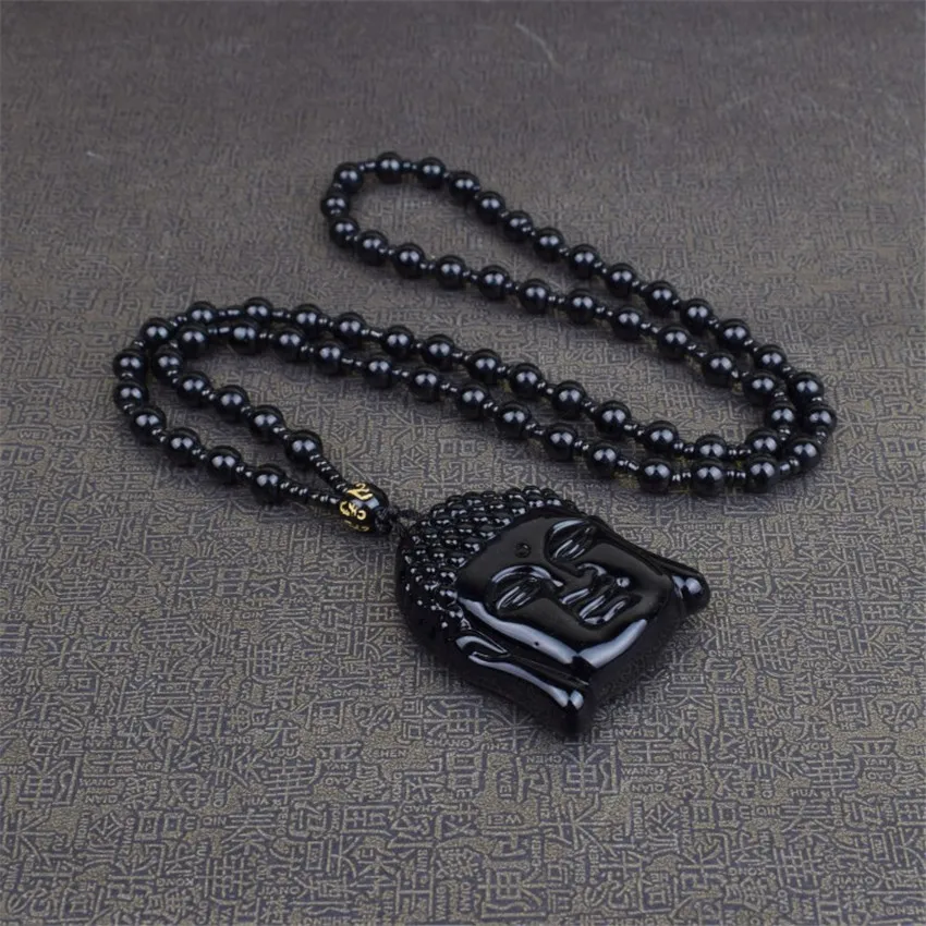 Fashion Frosted Obsidian Sakyamuni Buddha Head Charm Men and Women Amulet Necklace Buddhist Religious Jewelry