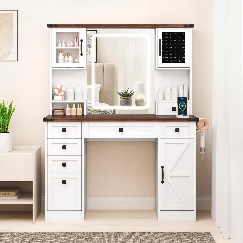 طاولة تزيين مع مرآة وضوء، درج تخزين، محطة شحن، خيارات إضاءة ثلاثية الألوان، قابلة للتعديل #2