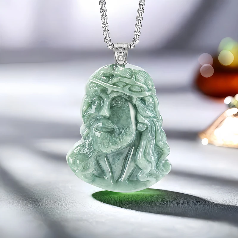 Green Myanmar Jade Jesus Pendant Necklace 925 Silver Carved Luxury Stone Choker Accessories Fashion Real Burmese Jadeite