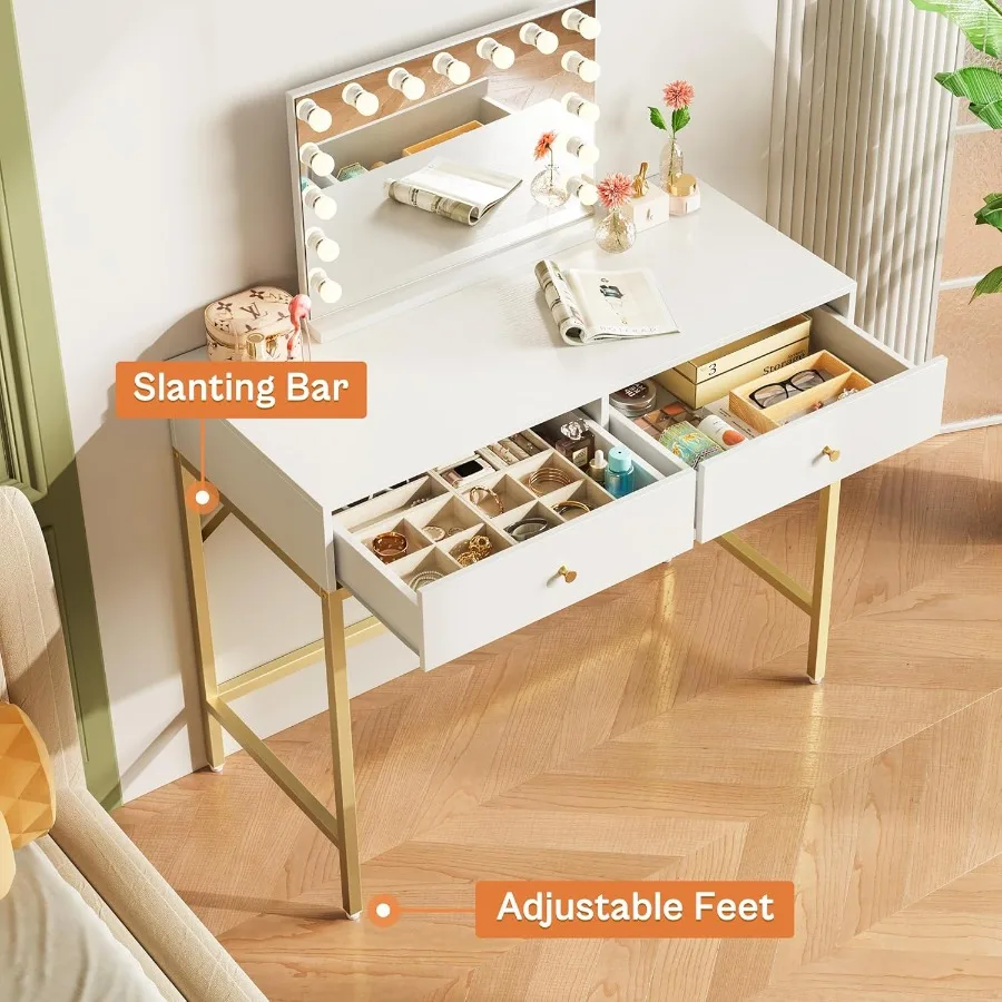 مكتب زينة حديث باللونين الأبيض والذهبي 31.5 مع درجين، طاولة مكياج مدمجة لدراسة الكتابة في المكتب المنزلي أو غرفة النوم، أنيقة #5