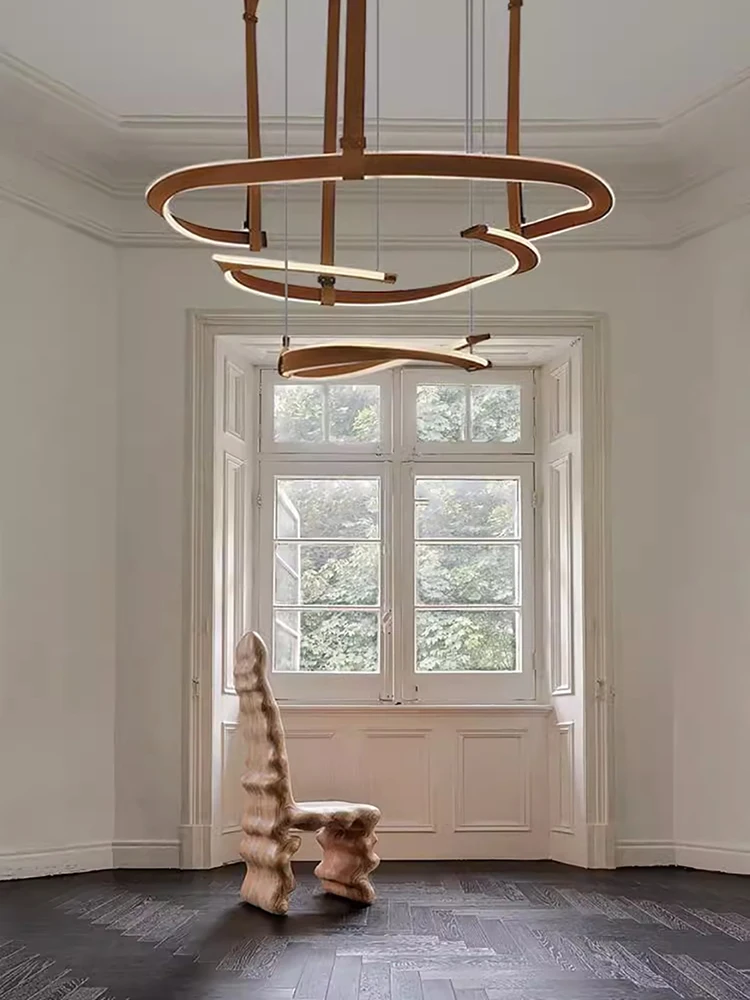 Brown Dark Leather Belt Dimmable Led Ceiling Chandelier Lighting Pendant Light Hanging Lamps Lustres  For Dinning Room