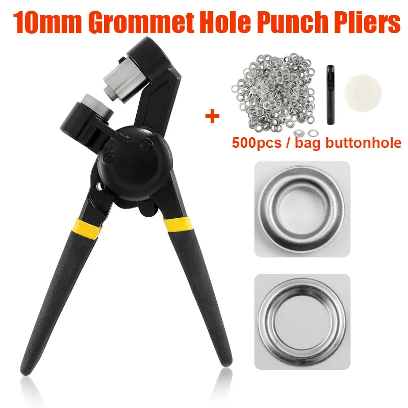 Grommet Handheld Hole Punch Pliers Grommet Machine Hand Press Tool  with 500PCS Silver Grommets of 10mm Punching Tool Set