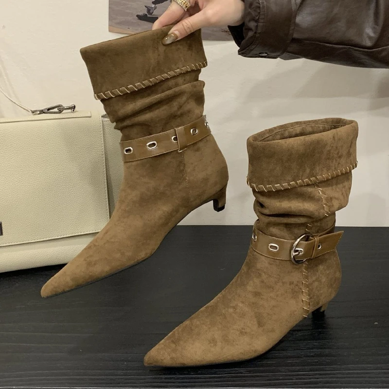 

Замшевые женские высокие сапоги с пряжкой на ремне и острым носком, новые осенне-зимние ботинки, теплые дизайнерские короткие ботинки в западном стиле, Botas Mujer