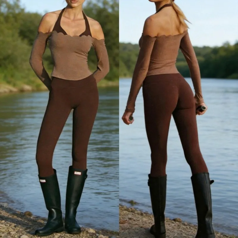 

Color-blocking lace Halt yoga top outdoor sports quick-drying fitness long sleeve leggings workout clothes for women gym set