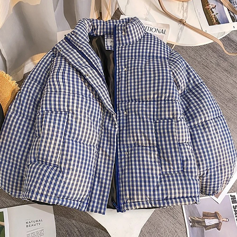 

Синие клетчатые пуховые хлопковые куртки для женщин, зима 2025, новые повседневные свободные теплые парки с воротником-стойкой, хлопковые пальто, верхняя одежда