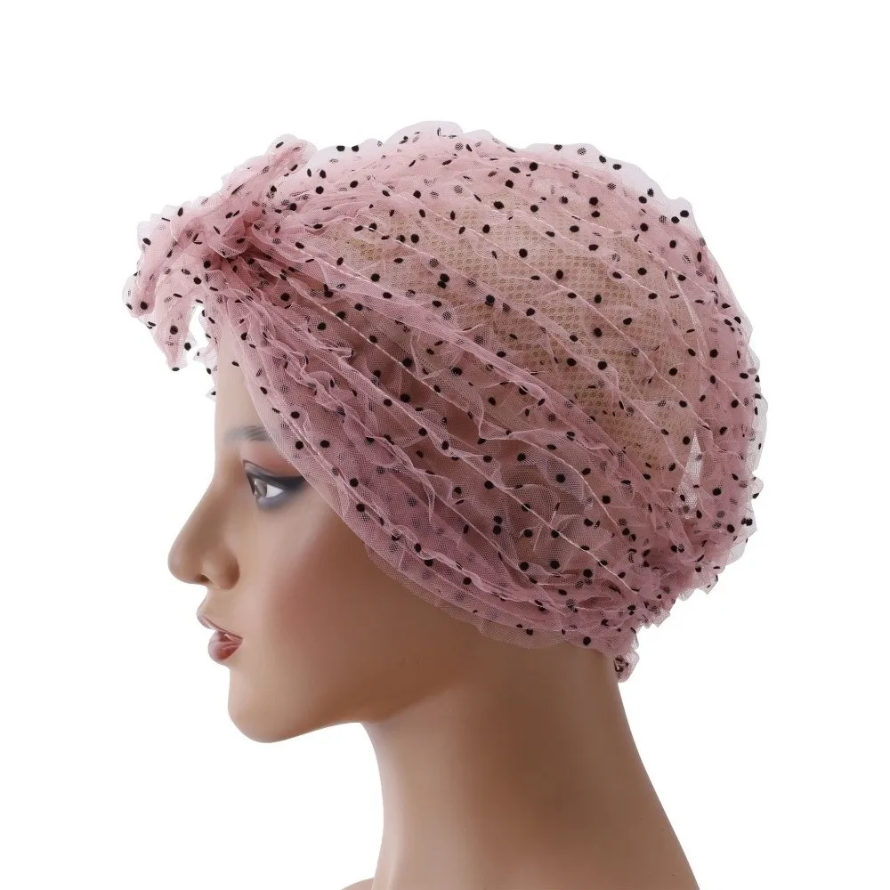 Elegant Breathable Fabric Polka Dot Mesh Bonnet Folded Design Turban Women Headscarf Hat Wrinkle Lace Chic Beanie Cap Daily Use