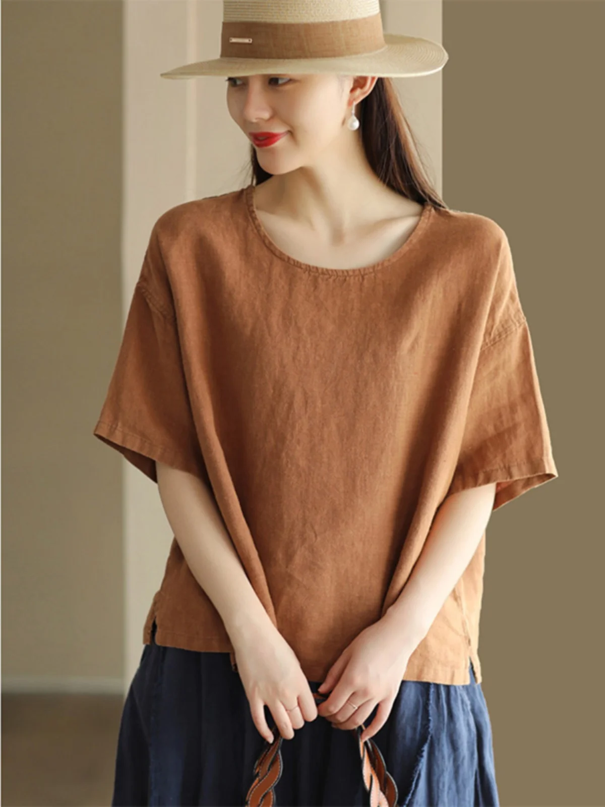 Camiseta informal holgada de algodón y lino ort Sve para mujer, Top redondo cómodo que combina con todo, Top Vintage Sle de verano