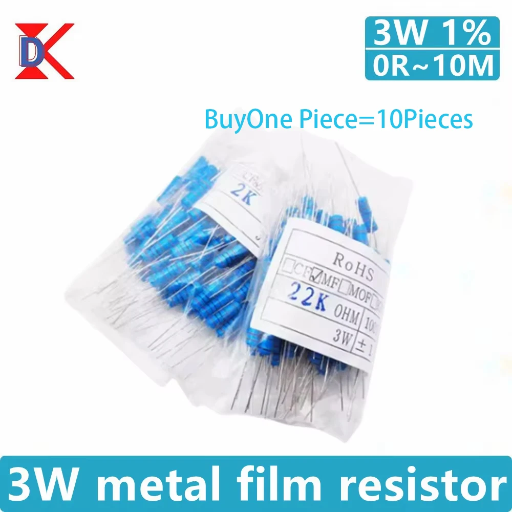 10Pcs 3W Metal Film Resistors 1R 2R 36R 470K 51R 820R 75K 1.5K 3K 100K 1R~2.2M Five Color Ring Precision 1% Electronic Resistor