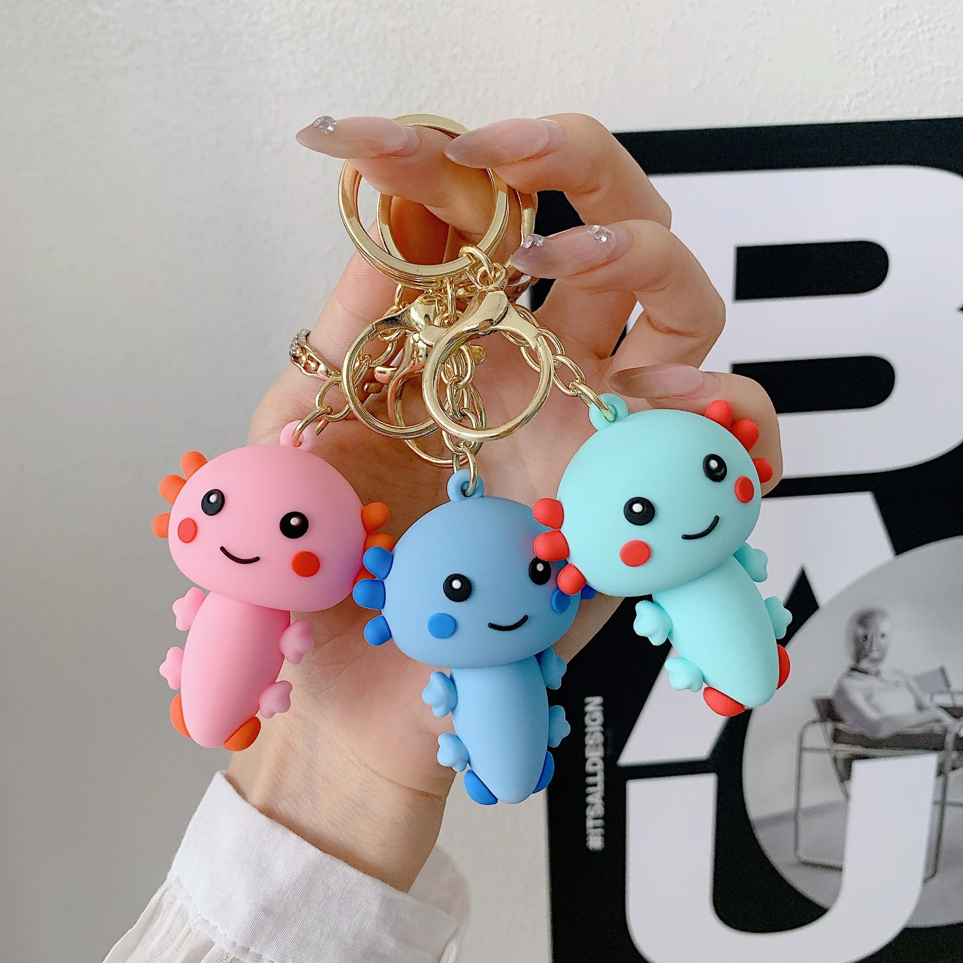 Kawaii Soft Axolotl Keychain Salamander Animal Pendant Hexagonal Dinosaur Simulation Key Chain For Kids Party Decoration Gifts