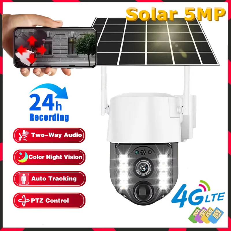 Solar Camera 4G Network PIR Detection 5MP HD CCTV Low Power Battery Security PTZ Camera Outdoor Waterproof 24 hour Record Video